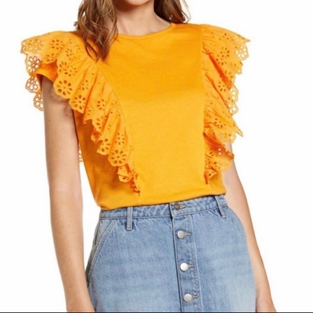 RP Rachel Parcell Women's Large Orange Citrus Short Sleeve Blouse Eyelet Trim